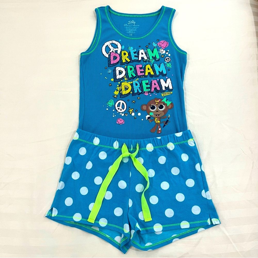 Pajama Set; Justice light blue tank top with polka dot shorts; size 12 (girls)